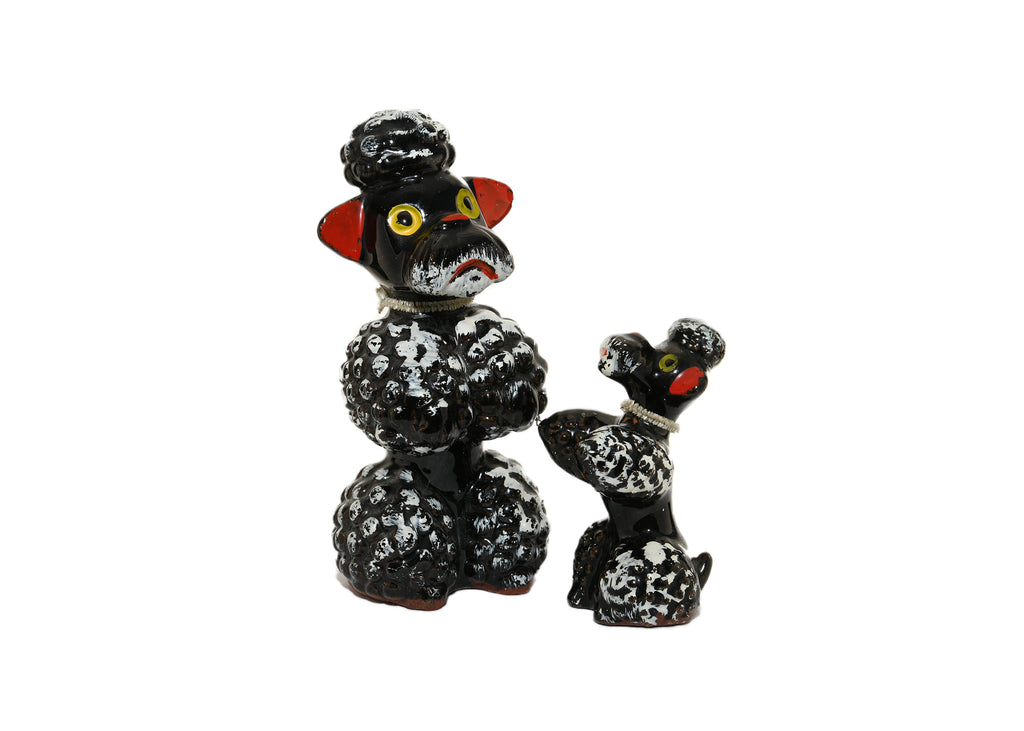 Vintage Ceramic Poodle Dog & Puppy Figurine Black & Red & White Made in JAPAN