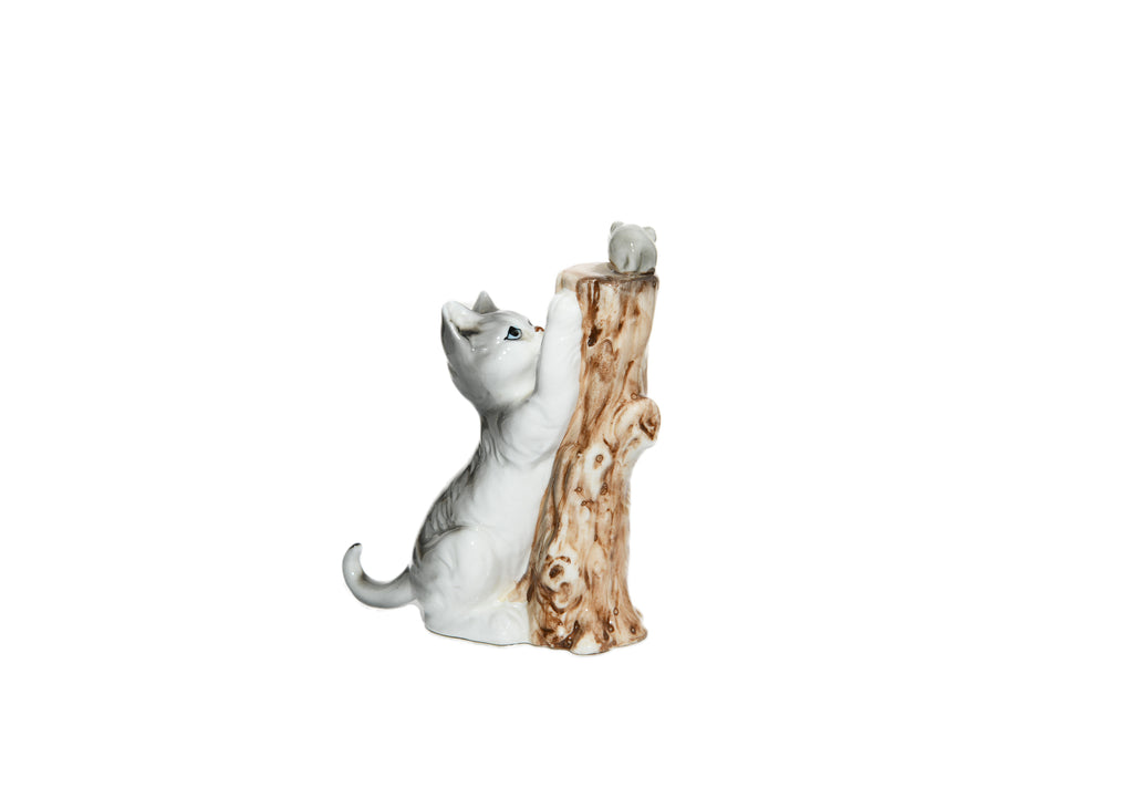 Vintage Grey Kitten Chasing Mouse Porcelain Figurine
