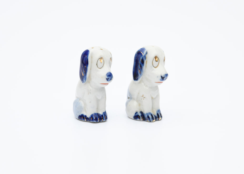 Dog Shaped Vintage Salt & Pepper Shakers made in Japan Blue Hand Painted Design