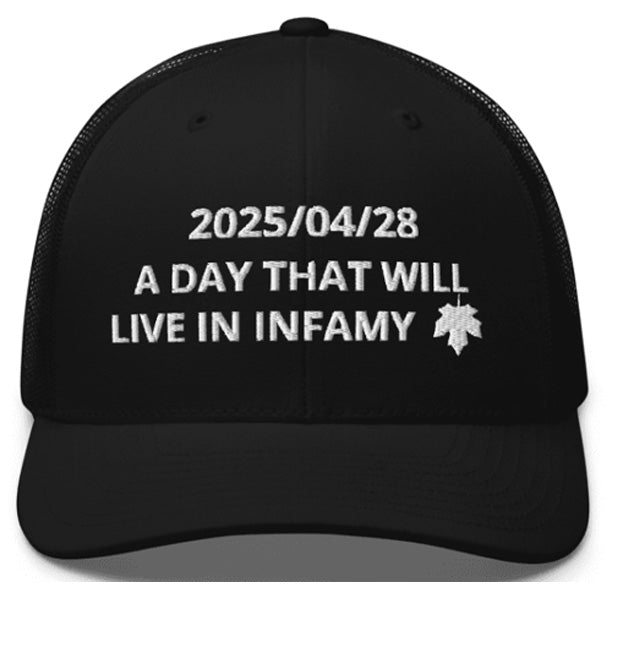 2025/04/28 A DAY THAT WILL LIVE IN INFAMY. Embroidered Baseball Caps, Colors Red, Navy, Black.