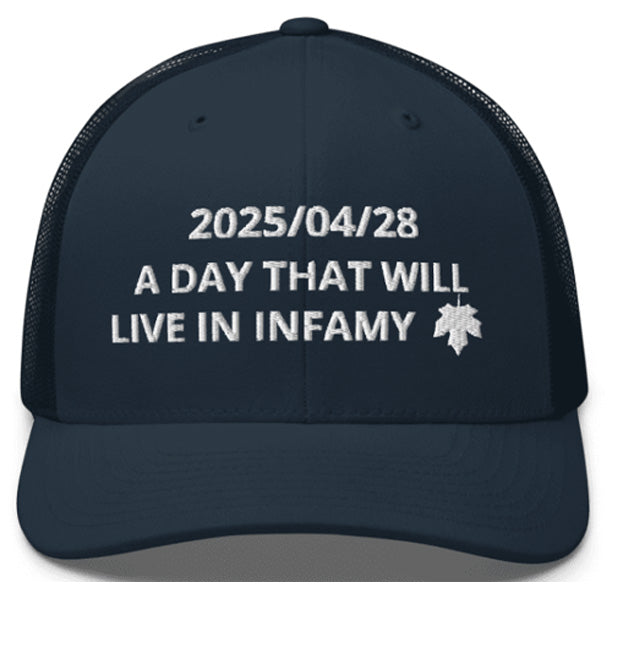2025/04/28 A DAY THAT WILL LIVE IN INFAMY. Embroidered Baseball Caps, Colors Red, Navy, Black.