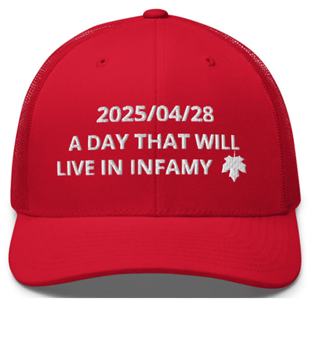2025/04/28 A DAY THAT WILL LIVE IN INFAMY. Embroidered Baseball Caps, Colors Red, Navy, Black.
