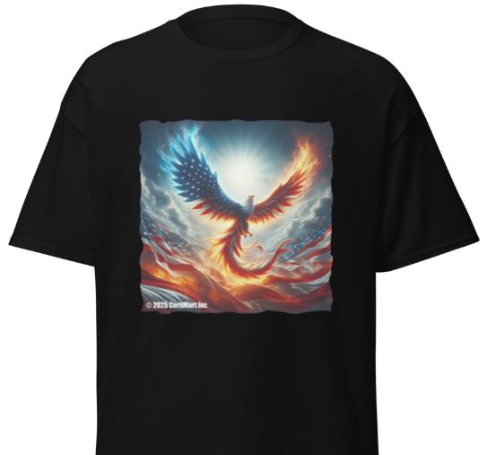 America. USA. America Rises Again. Mythic Bald Eagle. T-Shirt. Printed. Black & Blue T-Shirts.