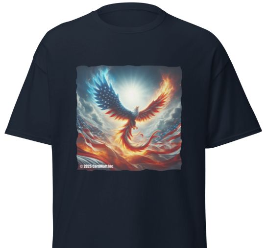 America. USA. America Rises Again. Mythic Bald Eagle. T-Shirt. Printed. Black & Blue T-Shirts.