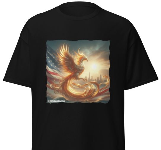 America. USA President Donald Trump. America Rises Again. Golden Eagle Phoenix. T-Shirt. Printed. Black & Blue T-Shirts.