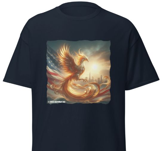America. USA President Donald Trump. America Rises Again. Golden Eagle Phoenix. T-Shirt. Printed. Black & Blue T-Shirts.