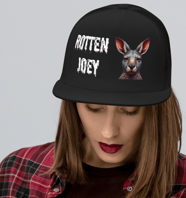 ROTTEN JOEY. DTF Printed Baseball Cap. Navy Blue, Black, Silver.