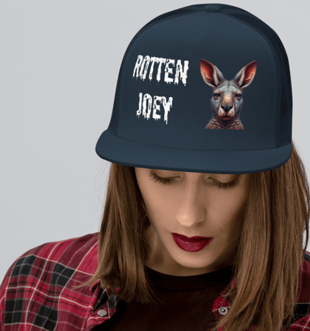 ROTTEN JOEY. DTF Printed Baseball Cap. Navy Blue, Black, Silver.