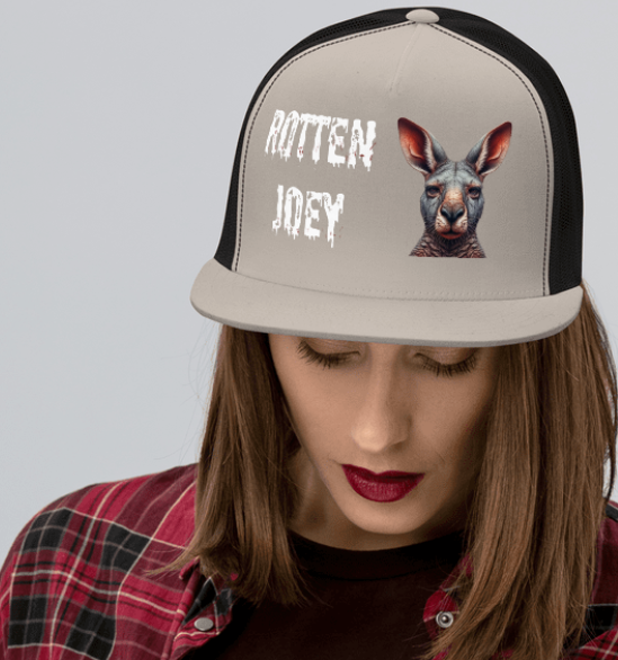 ROTTEN JOEY. DTF Printed Baseball Cap. Navy Blue, Black, Silver.