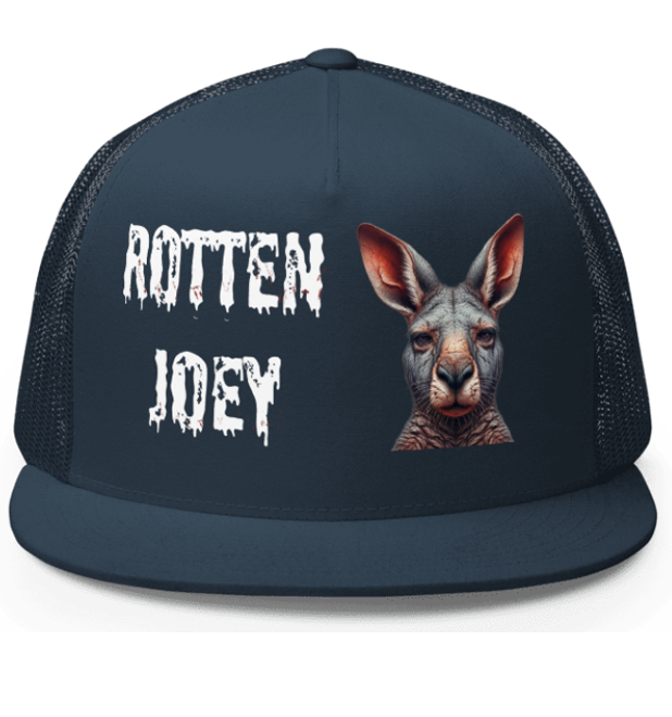ROTTEN JOEY. DTF Printed Baseball Cap. Navy Blue, Black, Silver.