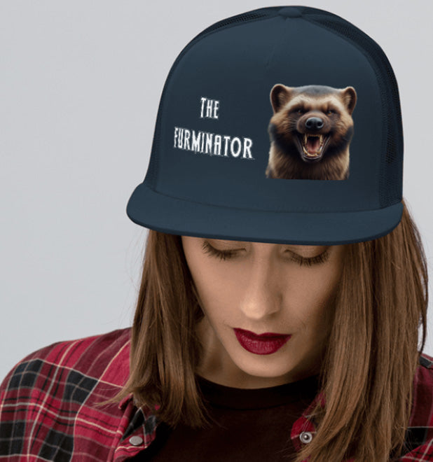 THE FURMINATOR. DTF Printed Baseball Cap. Navy Blue, Black, Silver.