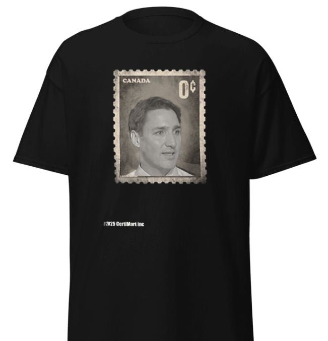 Canada. Justin Trudeau. Trudeau Canadian Postal Stamp. “USELESS” 1. T-Shirt. Printed. Black & Blue T-Shirts.