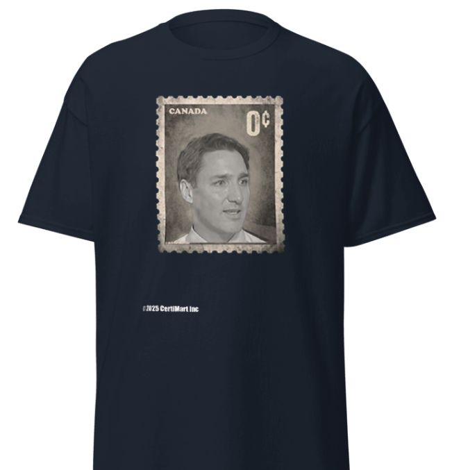 Canada. Justin Trudeau. Trudeau Canadian Postal Stamp. “USELESS” 1. T-Shirt. Printed. Black & Blue T-Shirts.