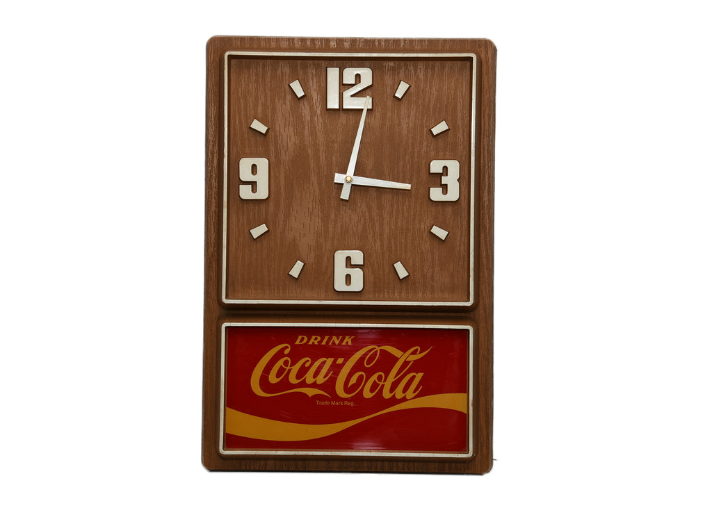Coca Cola Wall Clock Plastic Woodgrain. 1970's