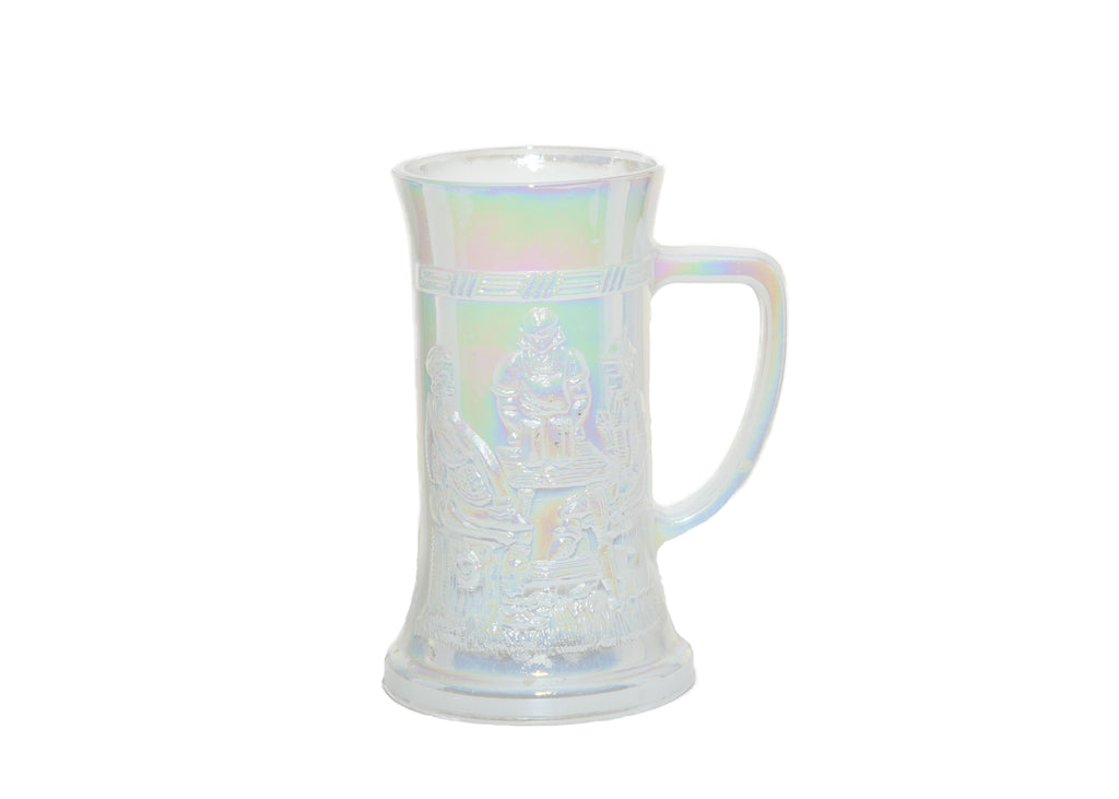 Iridescent Federal Milk Glass Beer Stein Mug with Embossed Colonial Tavern Scene Bar Keeper Vintage Barware