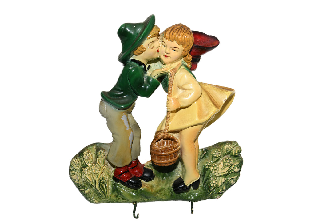 Vintage Chalkware Wall Plaque Boy Kissing Girl 1960's