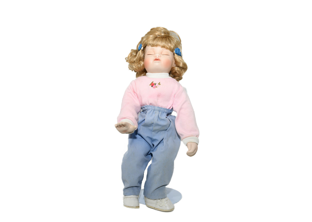 Doll On Stand Pink Shirt Blue Pants