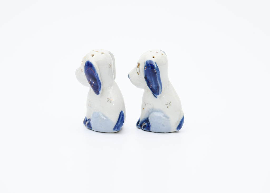 Dog Shaped Vintage Salt & Pepper Shakers made in Japan Blue Hand Painted Design