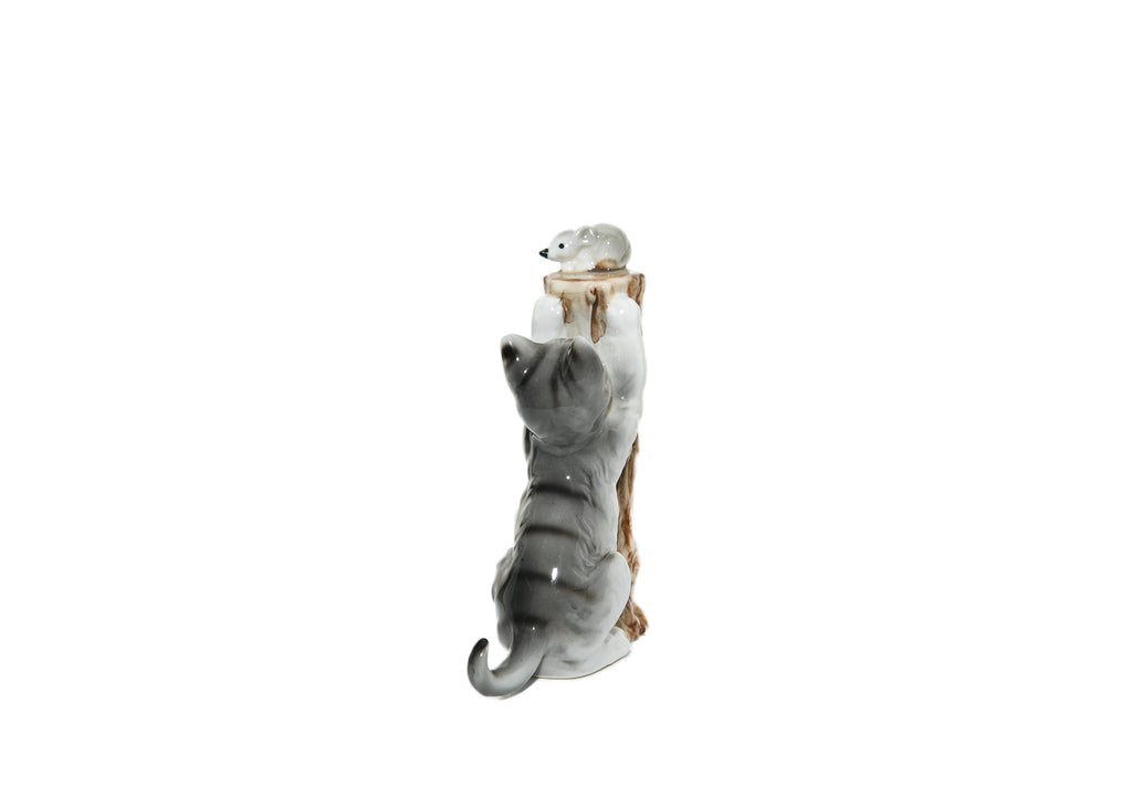 Vintage Grey Kitten Chasing Mouse Porcelain Figurine