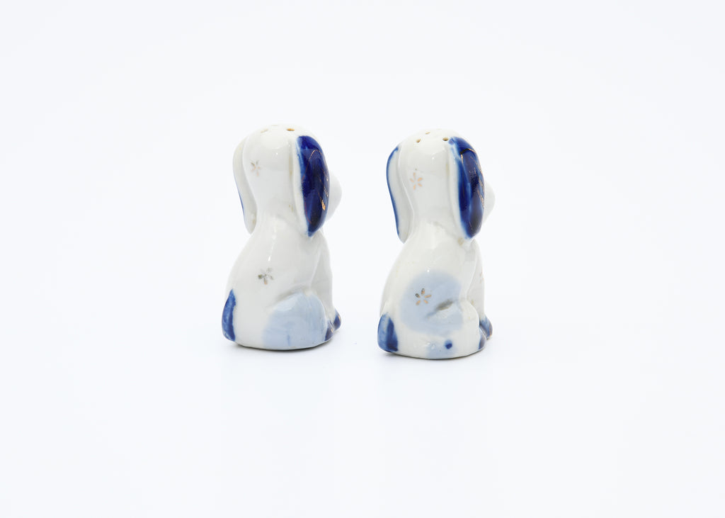 Dog Shaped Vintage Salt & Pepper Shakers made in Japan Blue Hand Painted Design