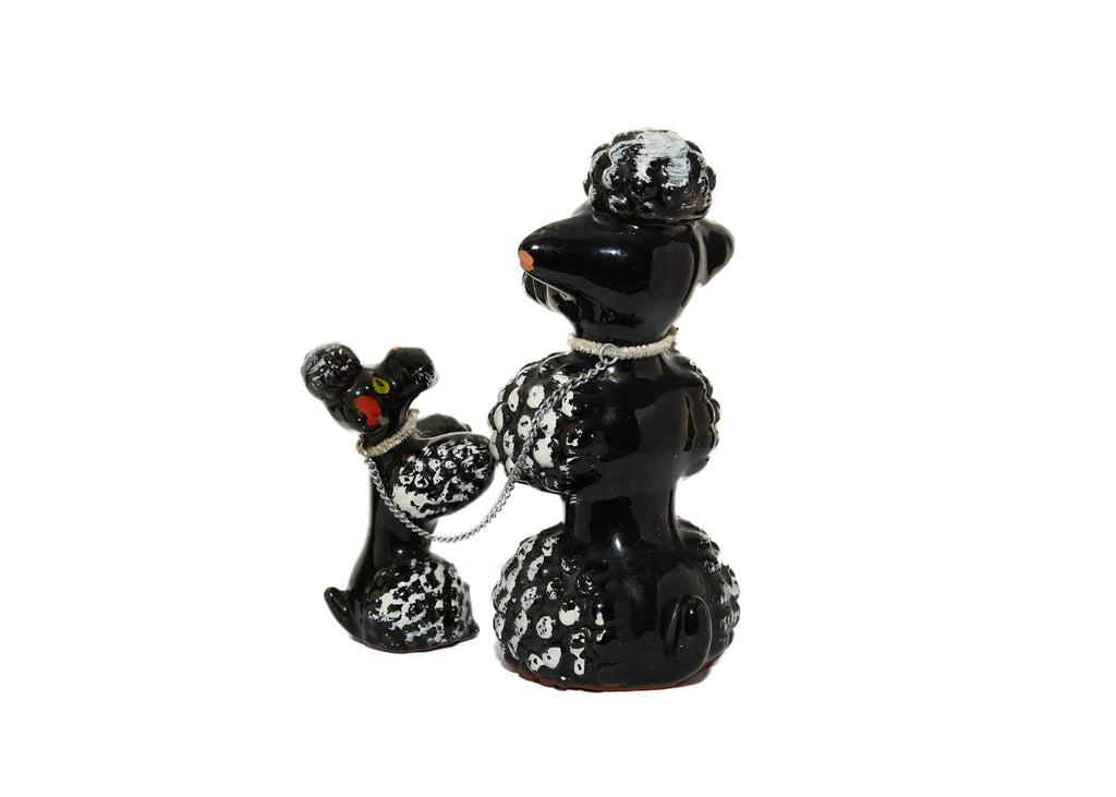 Vintage Ceramic Poodle Dog & Puppy Figurine Black & Red & White Made in JAPAN