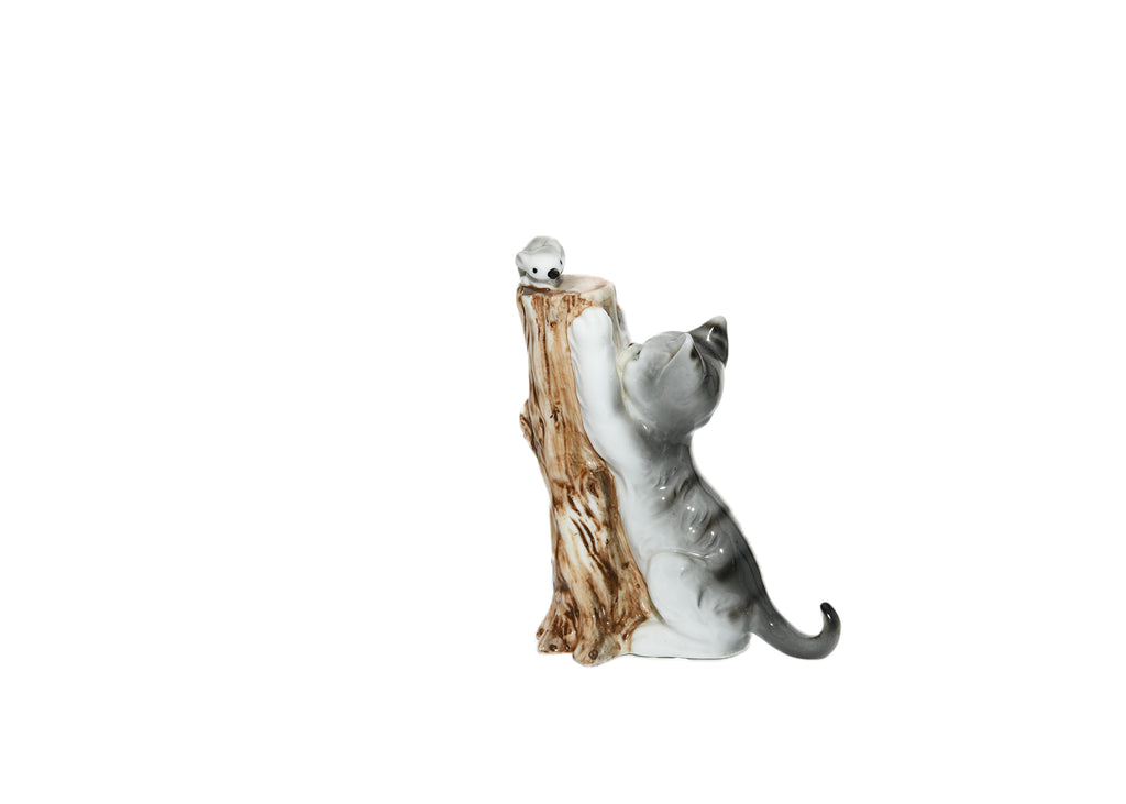 Vintage Grey Kitten Chasing Mouse Porcelain Figurine