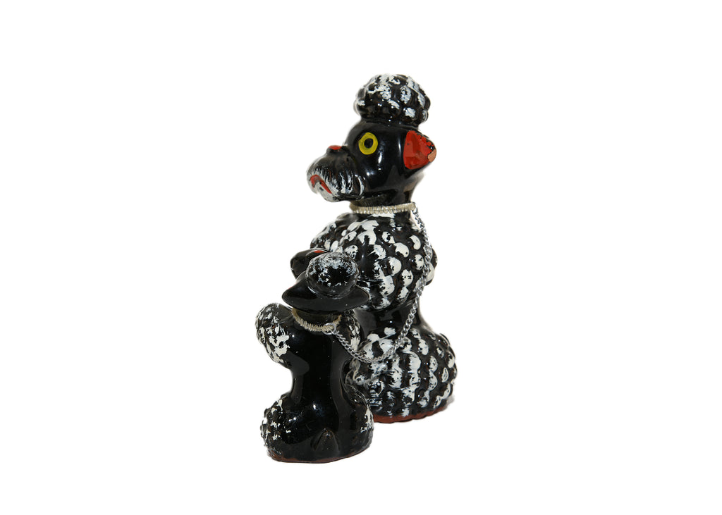 Vintage Ceramic Poodle Dog & Puppy Figurine Black & Red & White Made in JAPAN